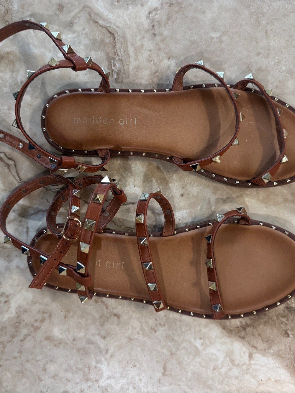 Madden Girl Brown Pyramid Stud Strappy Sandals